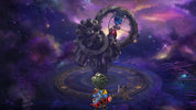 A stylized fantasy scene showing a small character with green hair and a red-and-blue outfit standing before a giant mechanical clock structure in a circular arena, set against a vivid purple and pink starry space background.