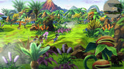 A colorful fantasy landscape scene with two small characters running through a lush green field filled with oversized plants, rocks, and distant mountains. The scene appears to be digital artwork or a game-style environment rather than a physical retail product photo.