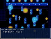 Game screen with character and glowing blue containers on a dark background