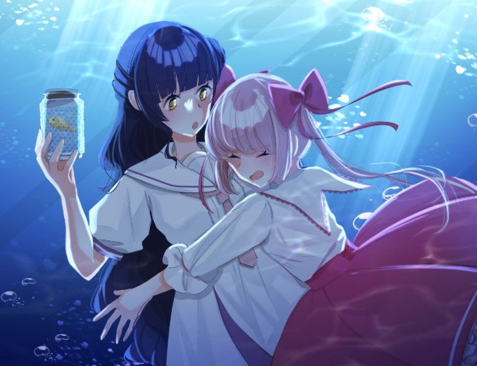 Two animated characters underwater with a glowing object.