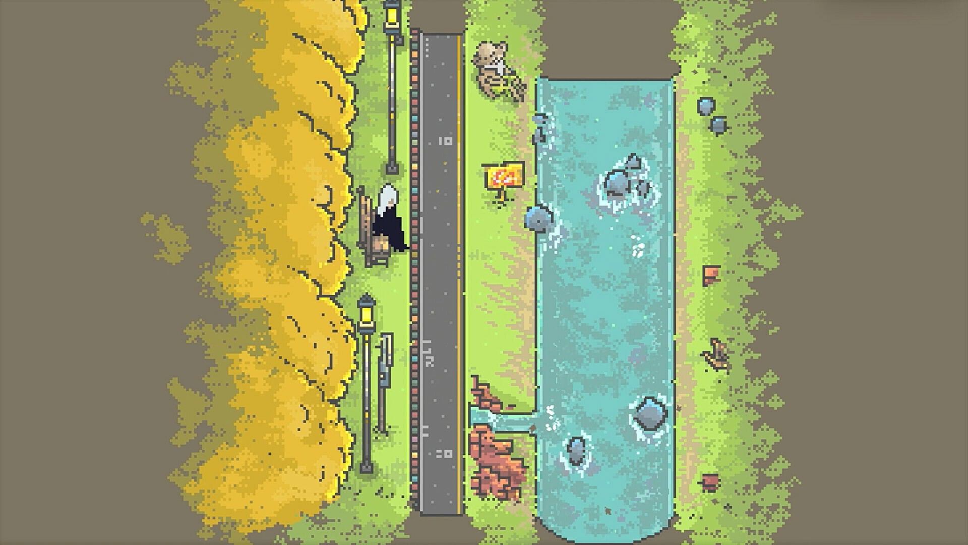 Top-down view of a pixel art scene with characters near a pool and trees.