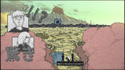 Cartoon-style illustration with characters and text on a landscape background