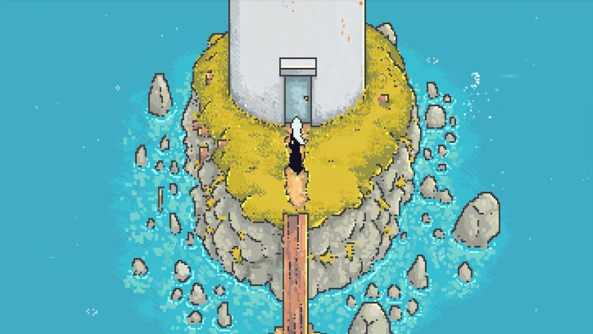 Cartoon character standing on a small island with a lighthouse, surrounded by water.