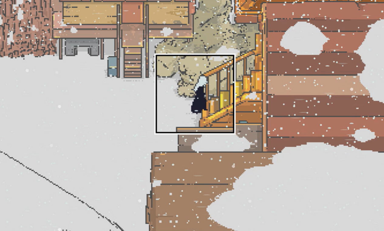 Top-down view of a snowy cabin with a person standing on a porch.