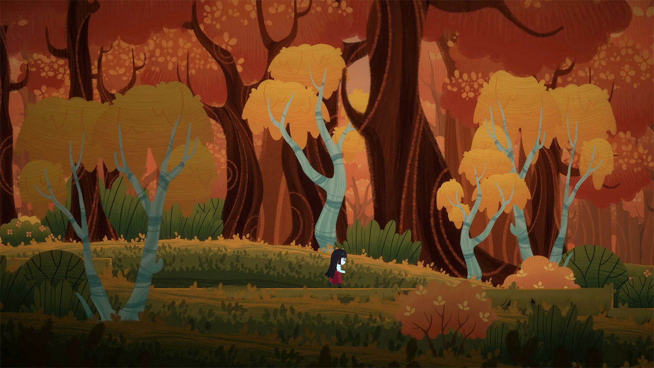 Cartoon character standing in a forest with a warm, orange glow