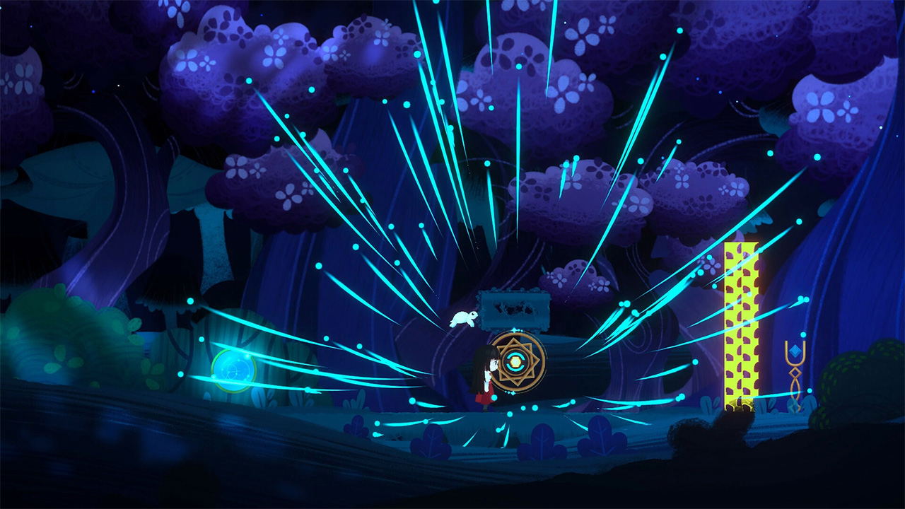 Game-level design with glowing blue pathways and obstacles in a dark, forest-like setting.