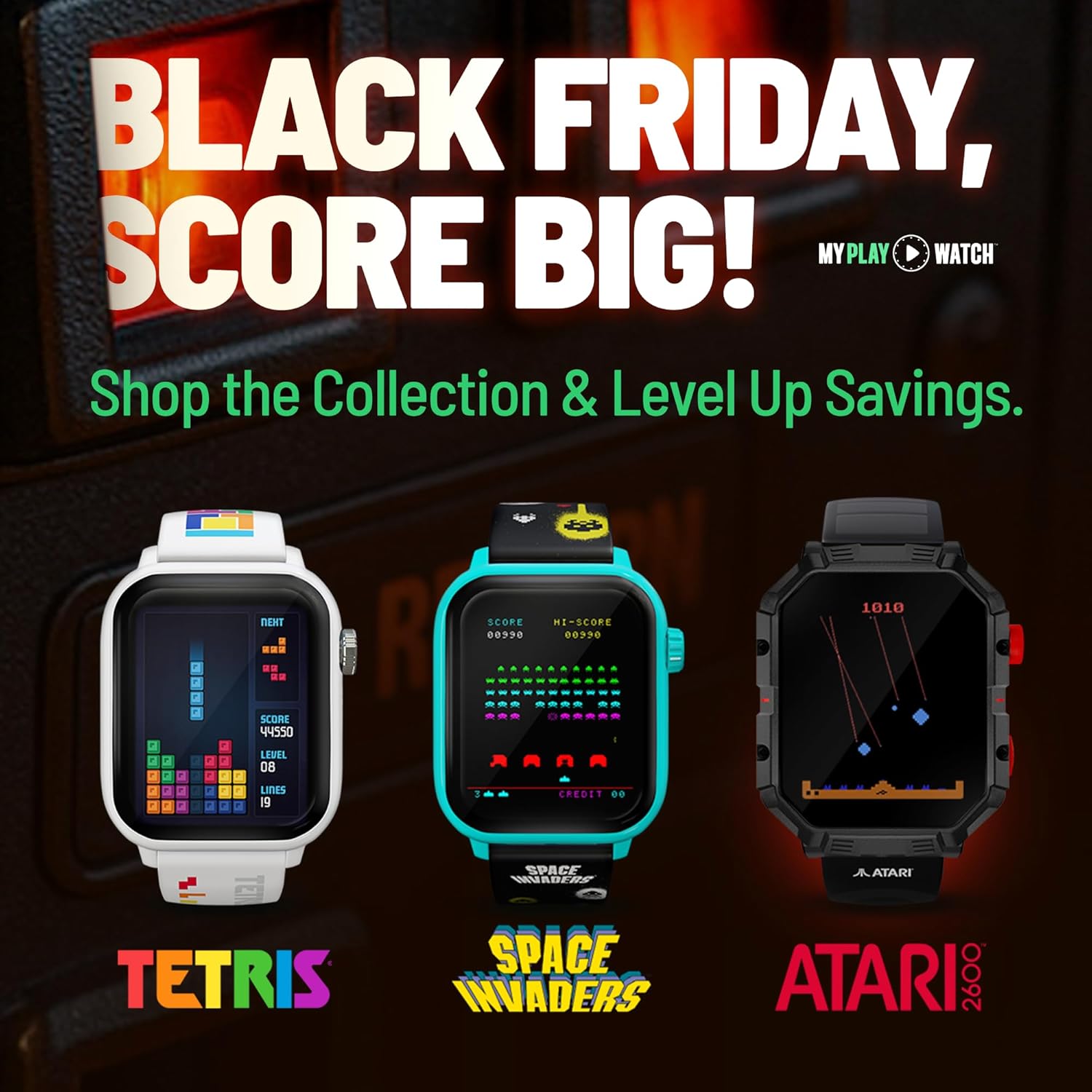 Advertisement for gaming watches with Tetris, Space Invaders, and Atari logos on a dark background.