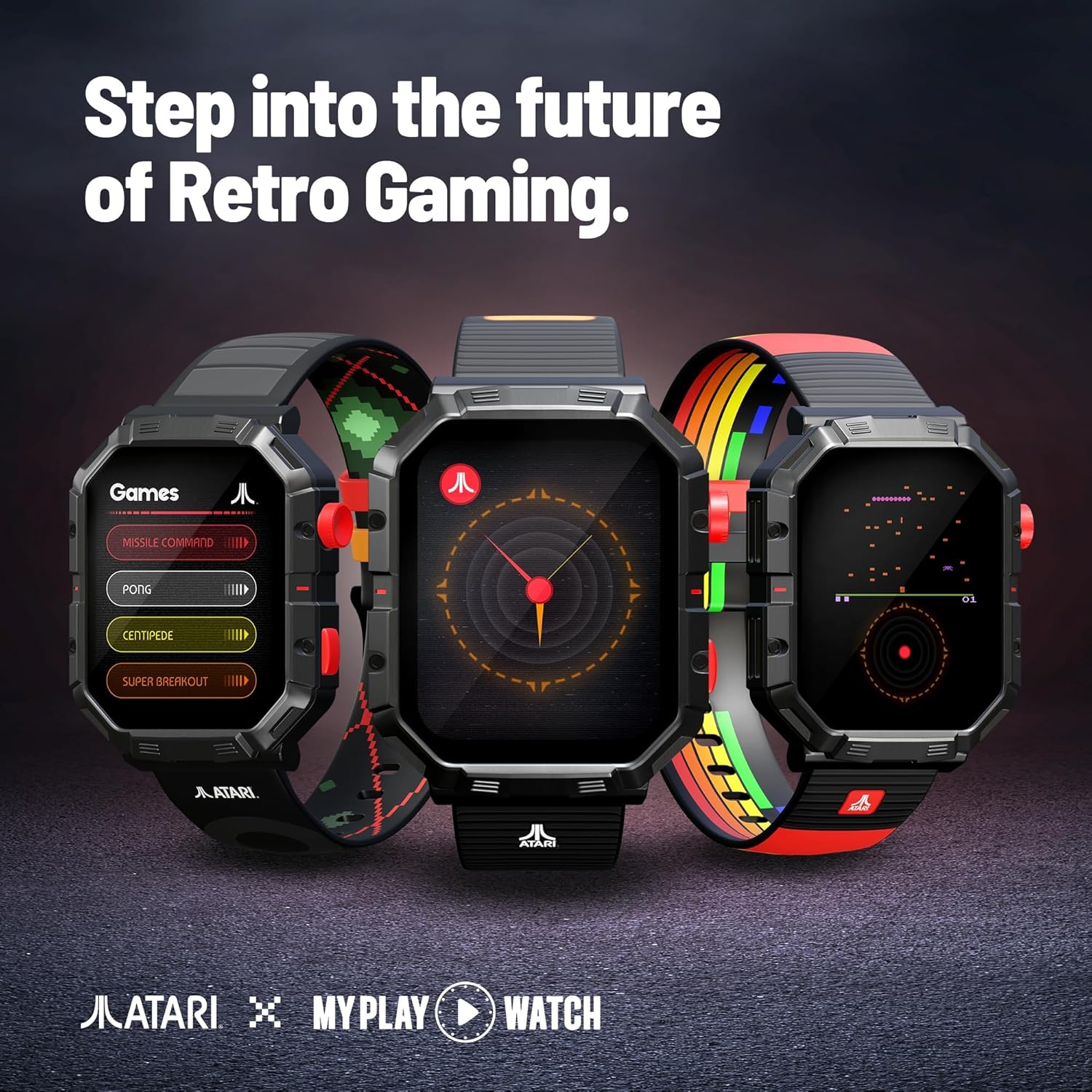 Three smartwatches with different designs on a dark background, featuring the Atari logo.