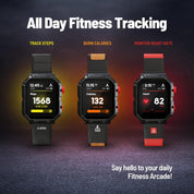 Three fitness trackers with digital displays on a dark background, highlighting features like step tracking, calorie burn, and heart rate monitoring.