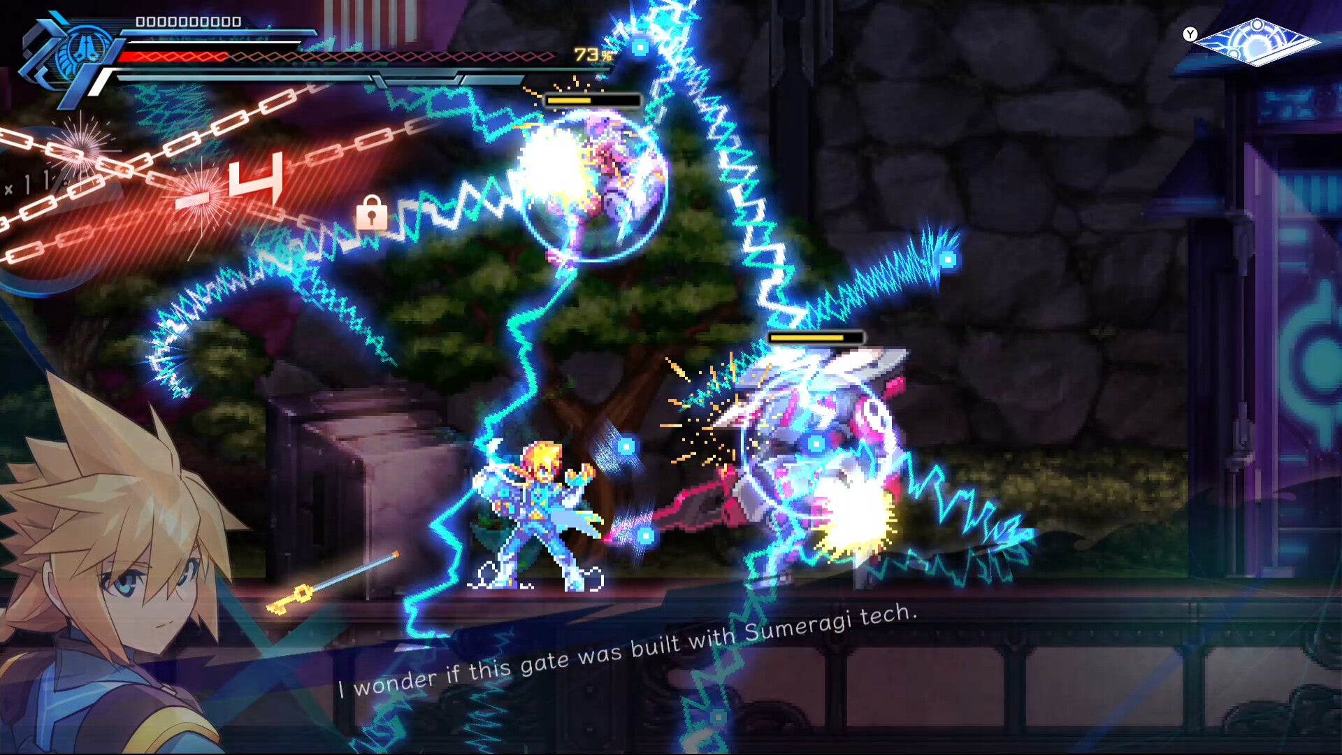 Animated character in a battle scene with vibrant effects and text overlay.