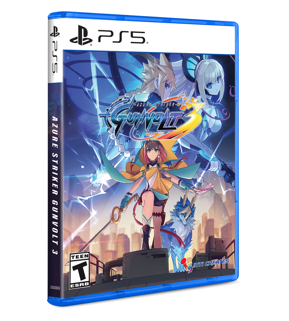 PlayStation 5 game case for 'Azure Striker Gunvolt 3' with anime-style artwork.