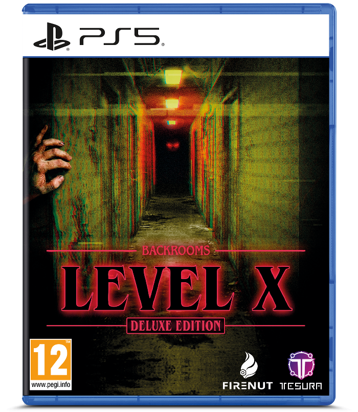 PS5 game case for Backrooms Level X Deluxe Edition, featuring a dark hallway cover art with red title text and PS5 branding at the top.
