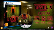 Promotional product graphic for the PS5 game Backrooms: Level X Deluxe Edition, showing the game case, disc, and digital cover art with release date and feature icons on a dark green textured background.