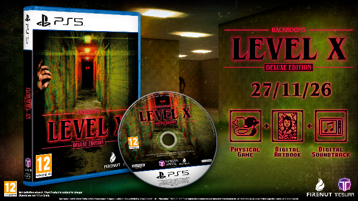 Promotional product graphic for the PS5 game Backrooms: Level X Deluxe Edition, showing the game case, disc, and digital cover art with release date and feature icons on a dark green textured background.