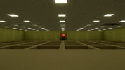 A perspective view of a large, empty room with rows of empty cell-like compartments on the floor, textured olive-green walls, and a grid ceiling with square lights, leading to a distant red-lit doorway.