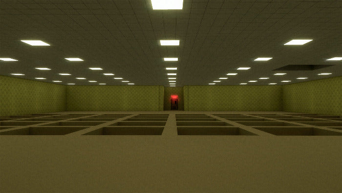 A perspective view of a large, empty room with rows of empty cell-like compartments on the floor, textured olive-green walls, and a grid ceiling with square lights, leading to a distant red-lit doorway.