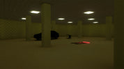 A dark, low-lit interior room with multiple beige pillars, patterned wallpaper, ceiling lights, and a small red rectangular object on the floor.