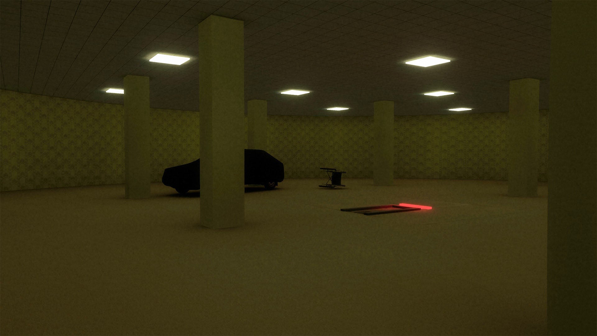 A dark, low-lit interior room with multiple beige pillars, patterned wallpaper, ceiling lights, and a small red rectangular object on the floor.