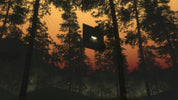A dark, minimalist floating house suspended between tall pine trees in a misty forest at sunset, with an orange and red sky.