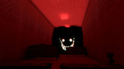 A dark, eerie red-lit room with patterned wallpaper, silhouetted furniture, and a glowing distorted face centered in the distance.