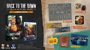 Promotional graphic for the PlayStation 5 limited edition of the video game Back to the Dawn, showing the game case, PS5 disc, and a detailed collector's packaging insert with Japanese text and small accessory thumbnails.