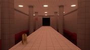 A digital render of a tiled hallway with beige pillars, warm red lighting, a yellow caution sign, and a dark opening at the end.