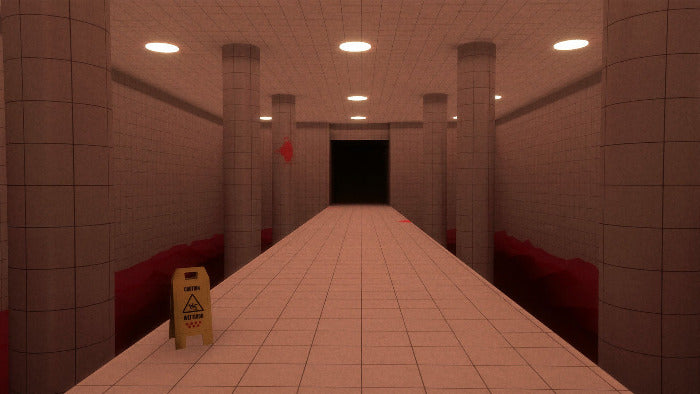 A digital render of a tiled hallway with beige pillars, warm red lighting, a yellow caution sign, and a dark opening at the end.