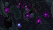 Dark, textured surface with glowing purple and blue spherical objects