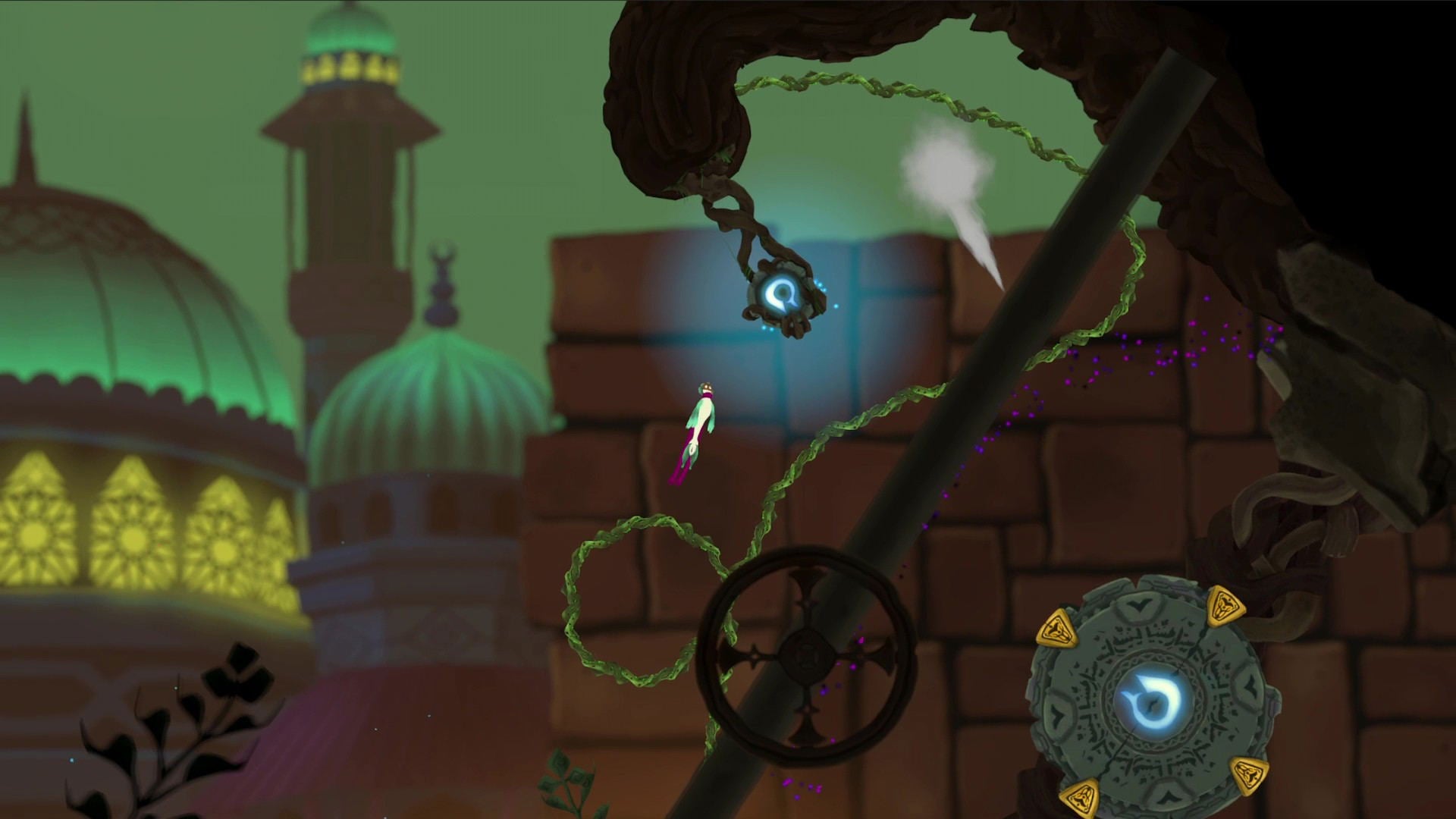 Game screen with a character in a desert temple setting