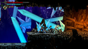 Game scene with characters and glowing blue crystals in a dark, cave-like setting