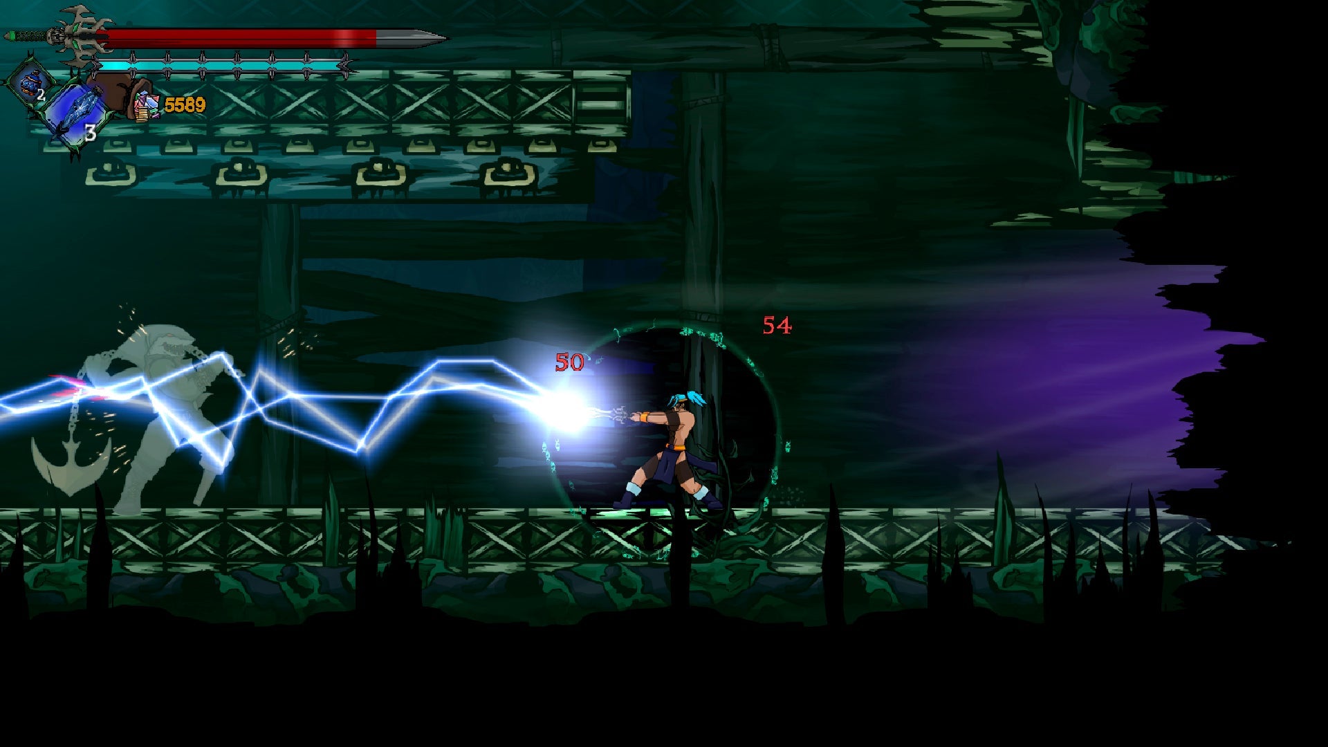 Video game scene with character in dark setting, using a weapon with glowing effects.