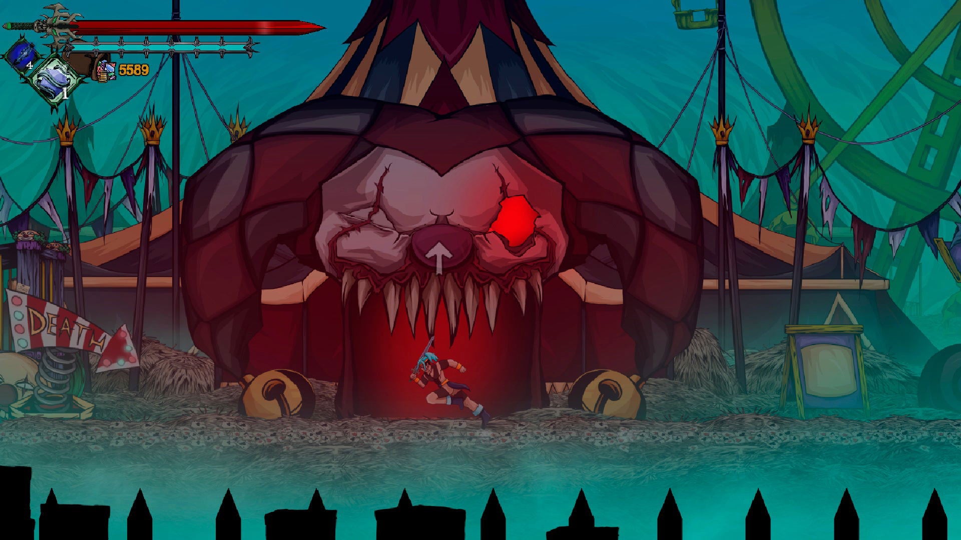 Video game scene with a large creature and character in a fantasy setting