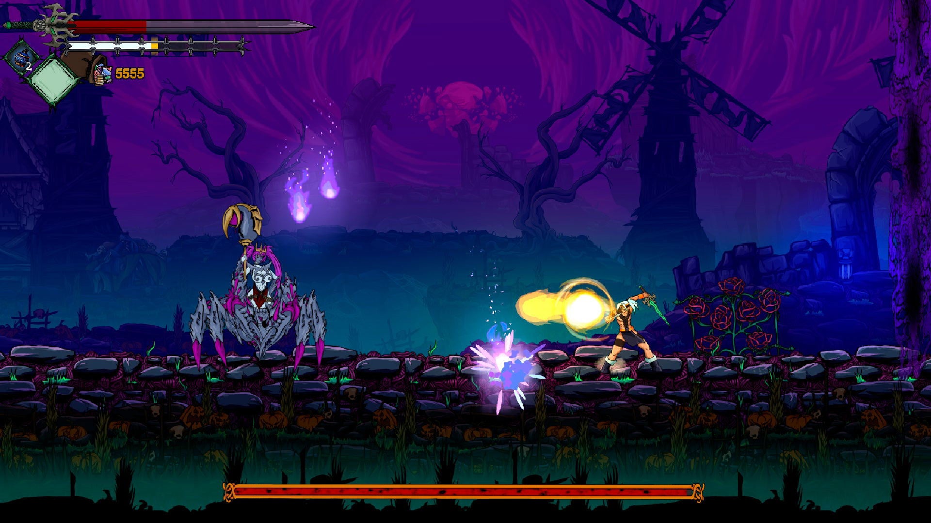 Video game scene with a character in a fantasy setting, engaging in combat.