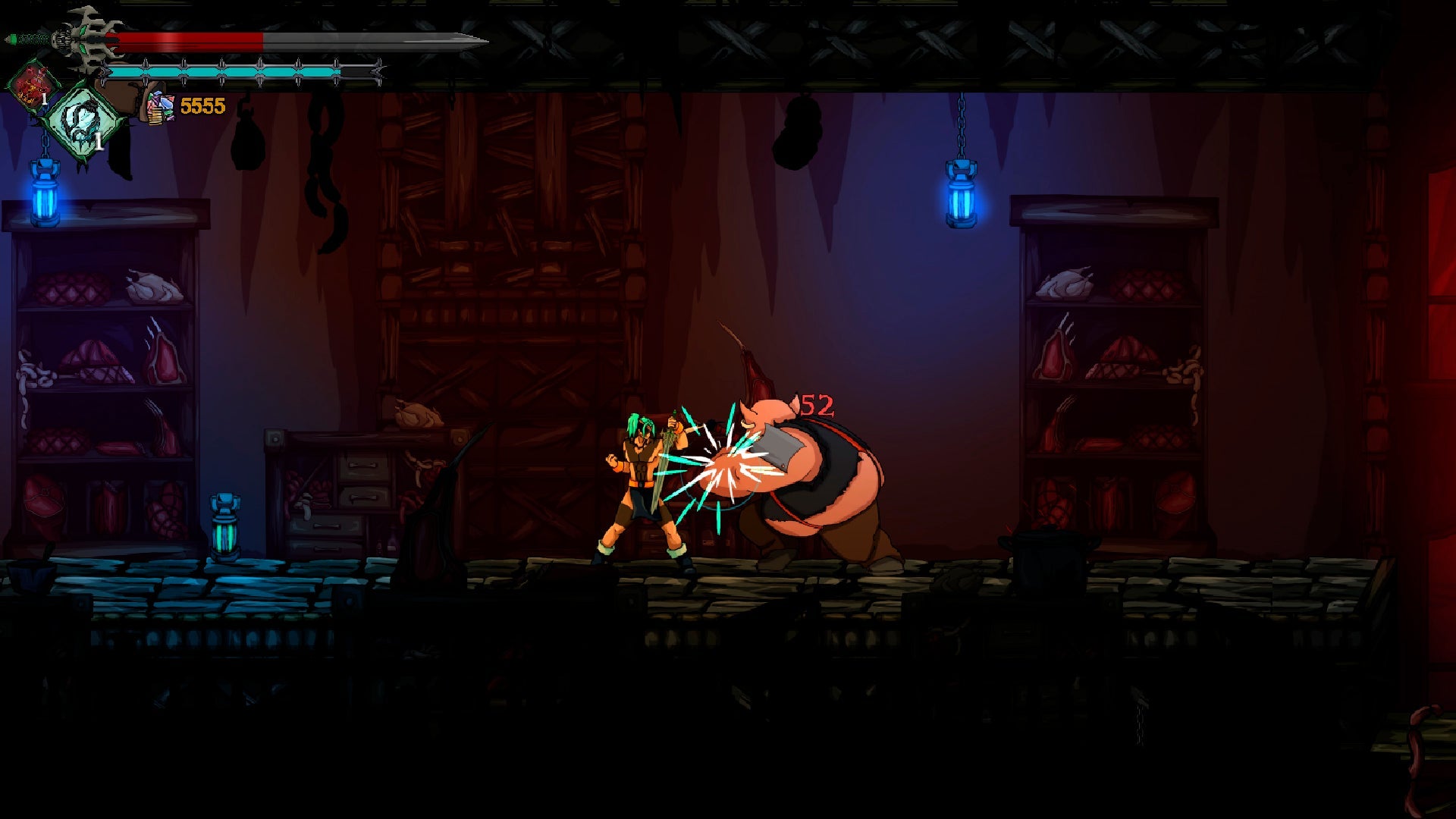 Two characters in a dark room with glowing effects