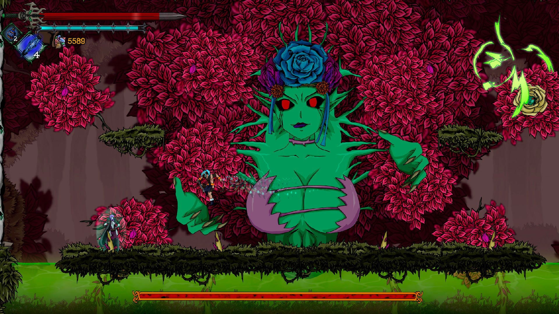 Video game screen with a green creature in a colorful, stylized environment