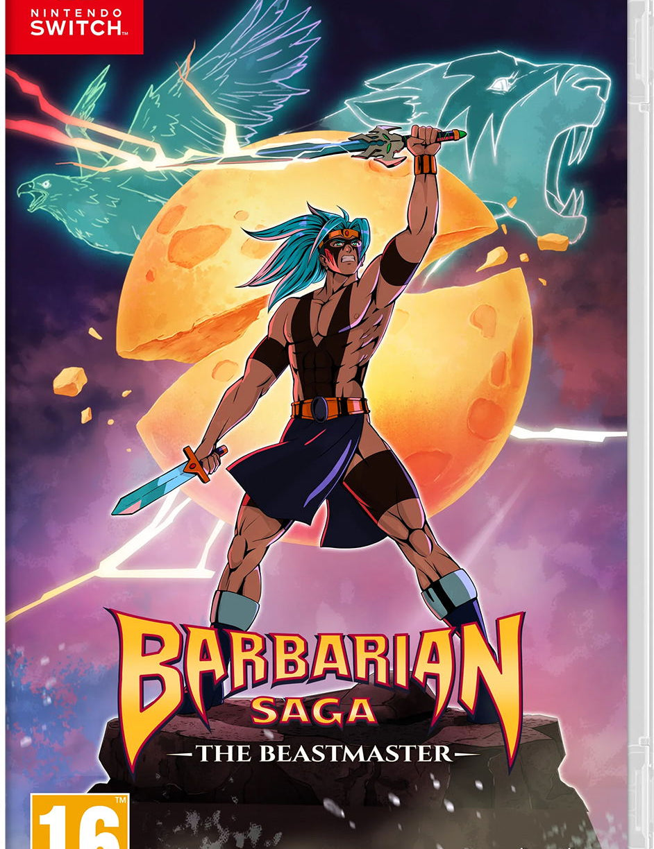 Game box for 'Barbarian Saga: The Beastmaster' on Nintendo Switch with a warrior character and fantasy elements.