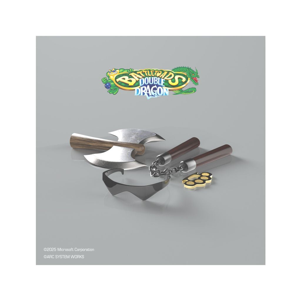 Metallic martial arts weapons with a 'Battletoads Double Dragon' logo above on a gray background.