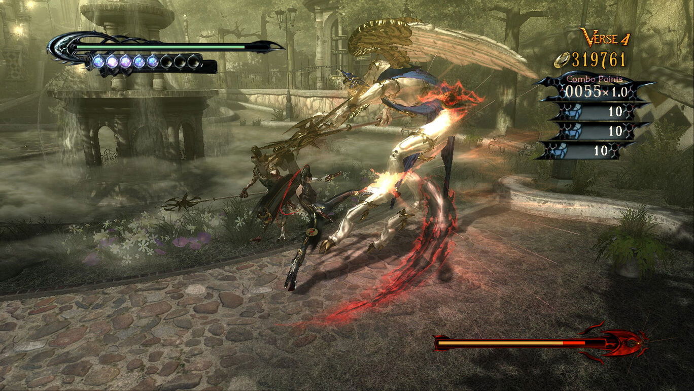 Video game scene with a character engaging in combat in a dark, gothic setting.