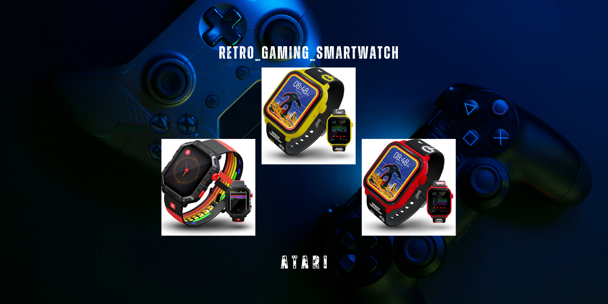 Smartwatch with retro gaming design on a dark background with Atari branding.