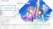Promotional graphic for 'Blue Reflection' series with two characters against a blue sky.