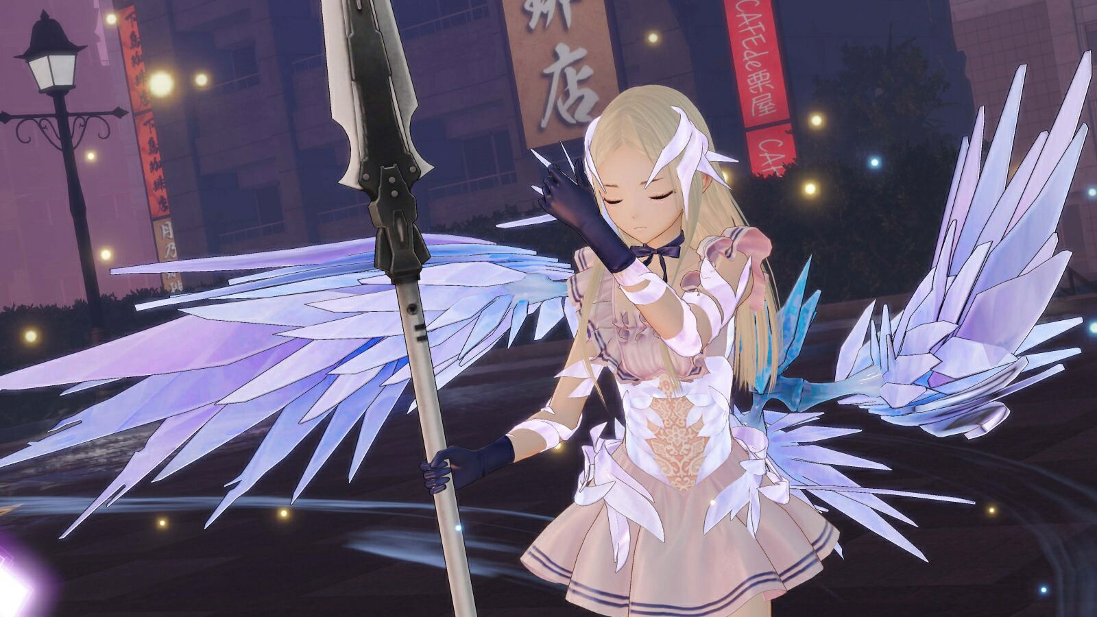 Animated character with angelic wings and a sword in a cityscape at night.