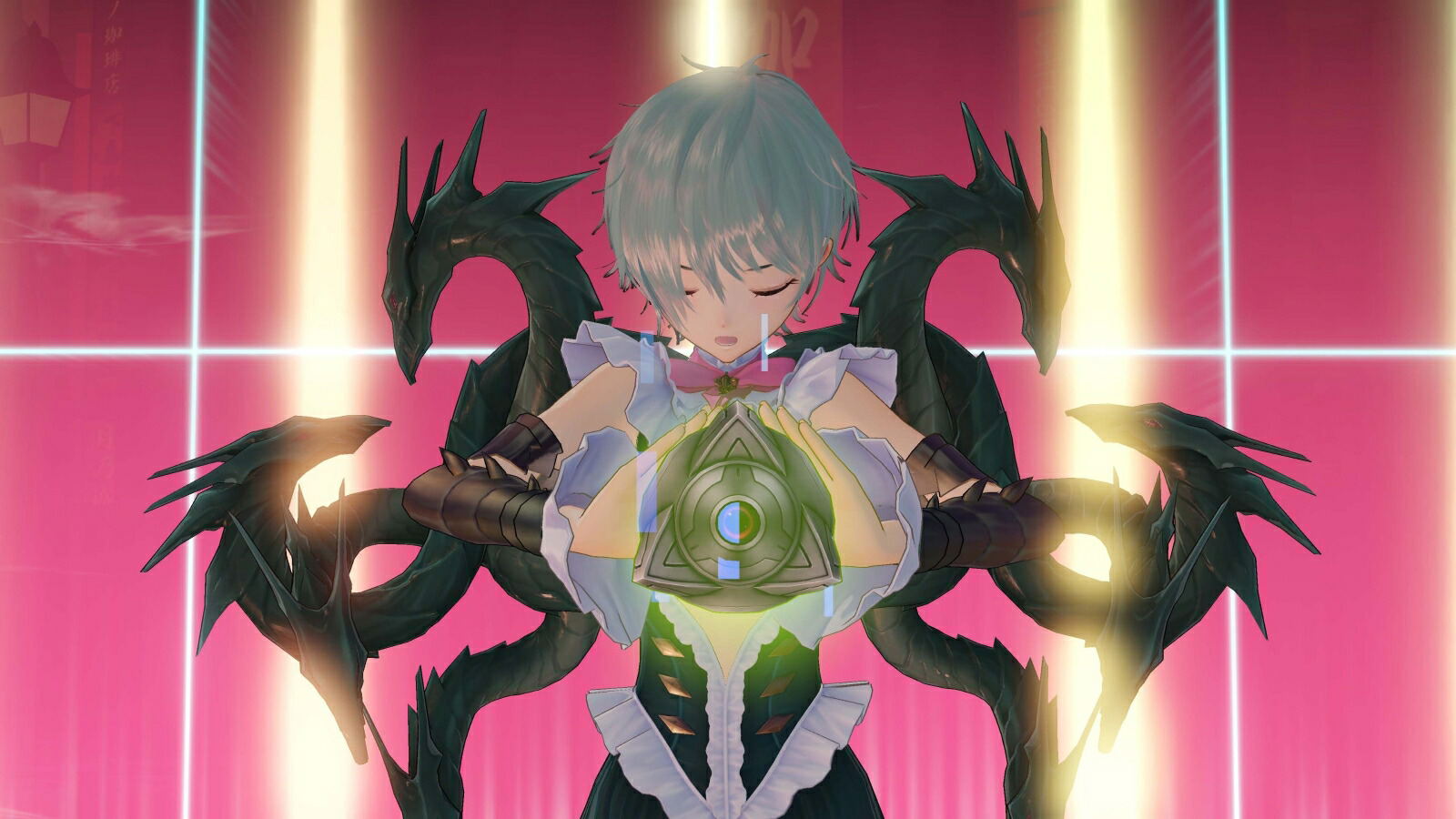 Animated character with dragon-like creatures on a pink and red background