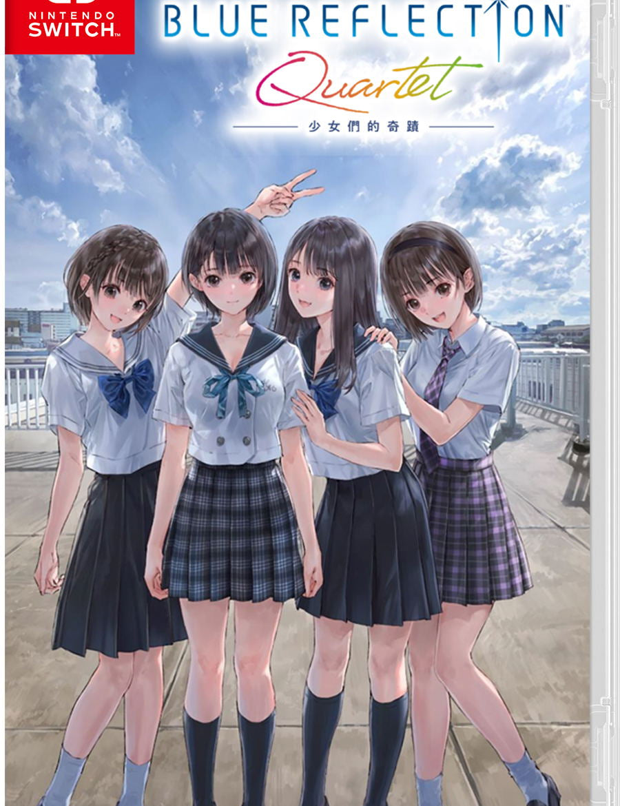 Cover of 'Blue Reflection Quartet' for Nintendo Switch with four animated characters in school uniforms.