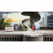 Cartoon scene with a red robot, purple robot, and other robots on a city street.