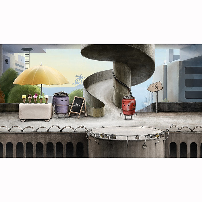 Cartoon scene with a red robot, purple robot, and other robots on a city street.