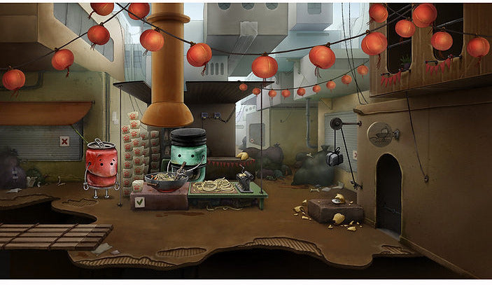 Illustration of a cozy indoor setting with lanterns and small characters.