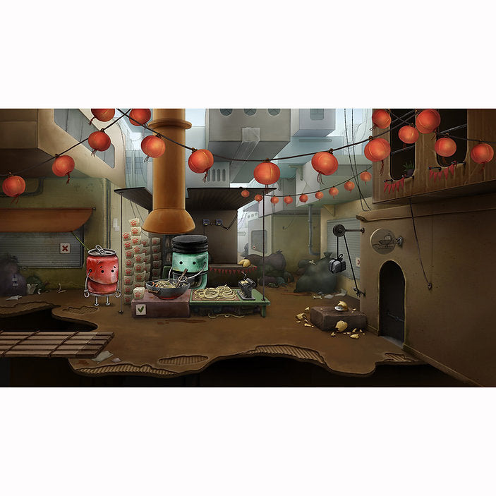 Illustration of a cozy indoor setting with lanterns and small characters.