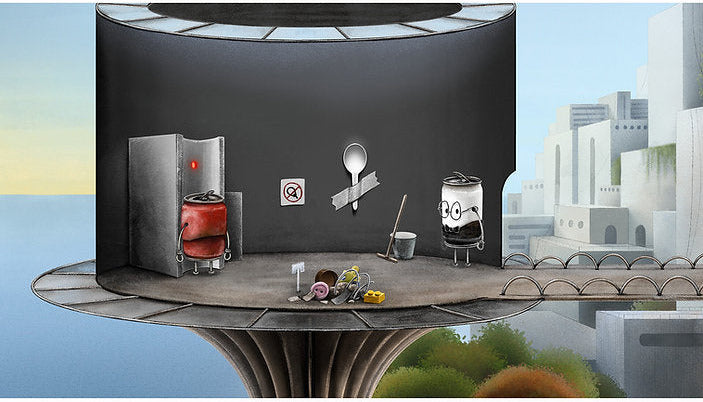 Futuristic kitchen setup with appliances and a cityscape background