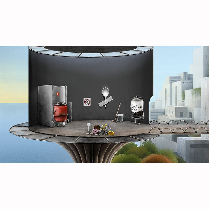 Futuristic kitchen setup with appliances and a cityscape background