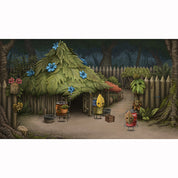 Illustration of a tropical hut with plants and a wooden fence in the background